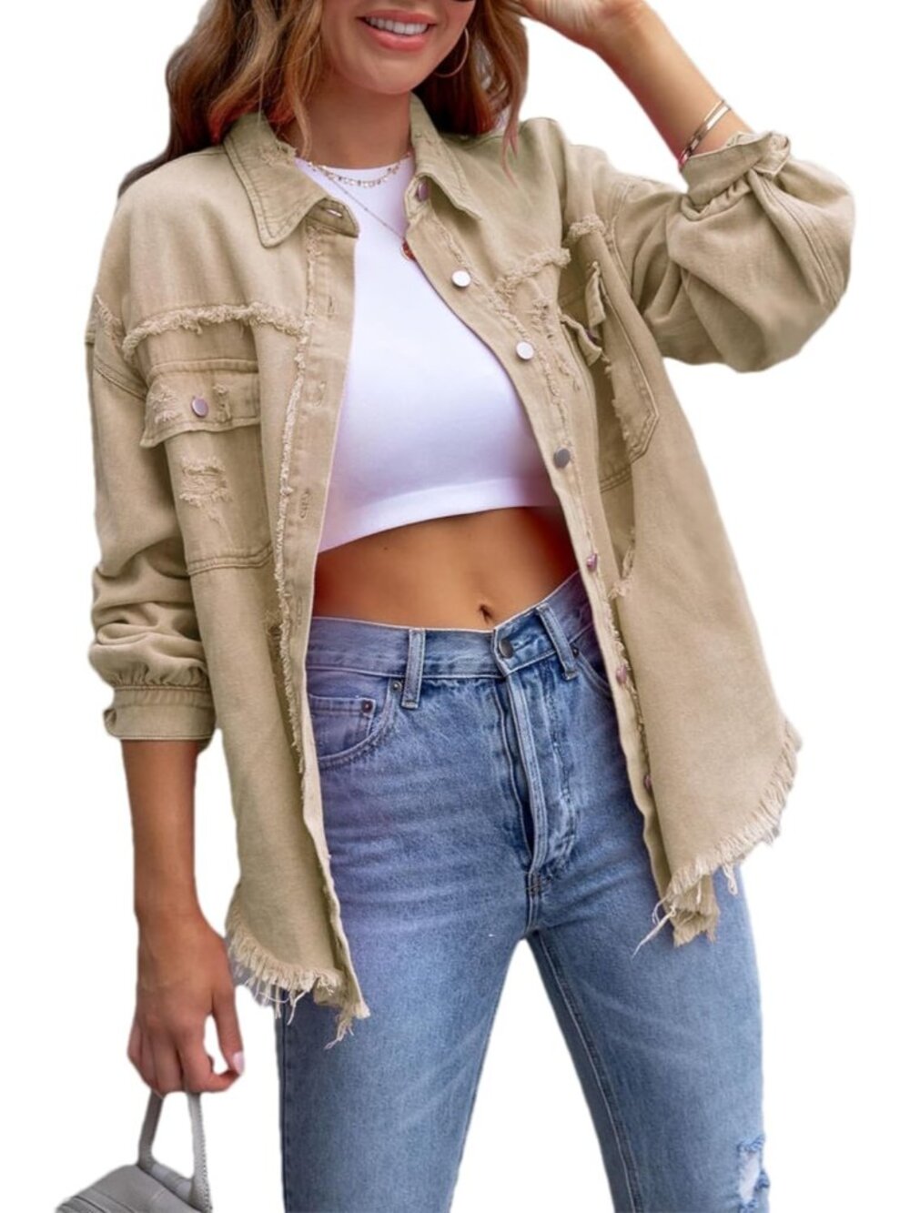 Women's Khaki Ripped Distressed Denim Jacket Oversized Basic Casual Jean Jacket
